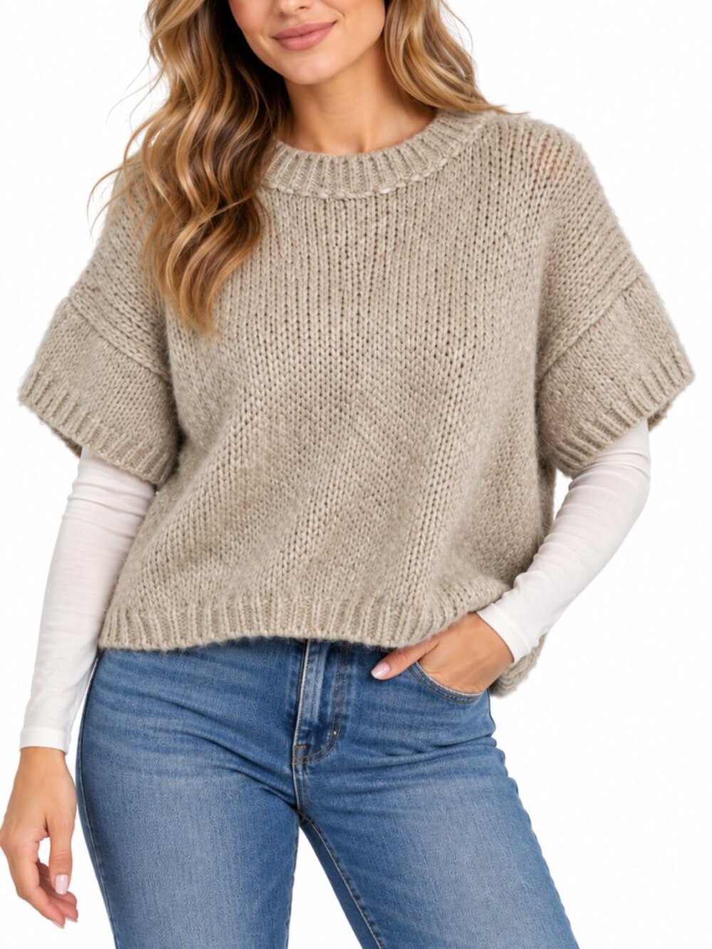 CHARLI Wool & Kid Mohair Blend Short Sleeve Sweater Beige OS Open Knit Cozy